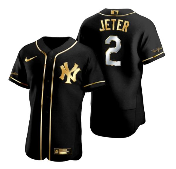 Men's New York Yankees #2 Derek Jeter Black Gold Flex Base Stitched Baseball Jersey Men's New York Yankees #2 Derek Jeter Black Gold Flex Base Stitched Baseball Jersey