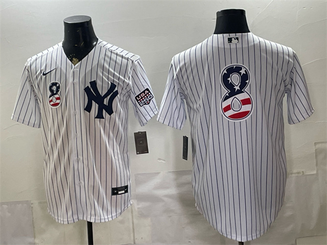 Men's New York Yankees #8 Yogi Berra White 2026 USA 250 Fourth of July Home Stadium Stitched Baseball Jersey