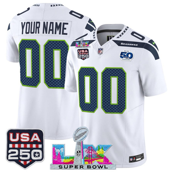 Youth Seattle Seahawks Active Player Custom White 2025 F.U.S.E. Super Bowl LX Patch And 50th Season & USA 250' Patch Vapor Limited Stitched Football Jersey