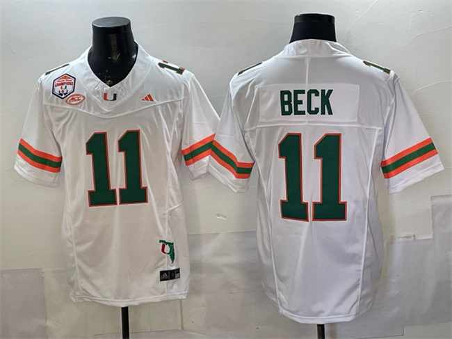 Men's Miami Hurricanes #11 Carson Beck White F.U.S.E. Fiesta Bowl Champions & Florida Patch Stitched Football Jersey