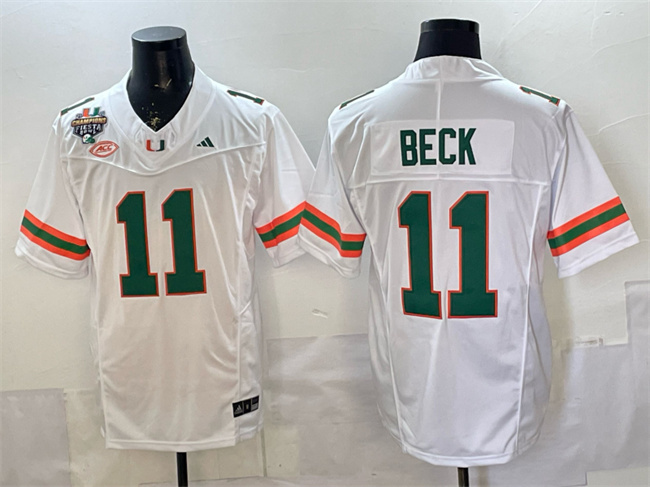 Men's Miami Hurricanes #11 Carson Beck White F.U.S.E. 2026 Fiesta Bowl Champions Patch Stitched Football Jersey Men's Miami Hurricanes #11 Carson Beck White F.U.S.E. 2026 Fiesta Bowl Champions Patch Stitched Football Jersey
