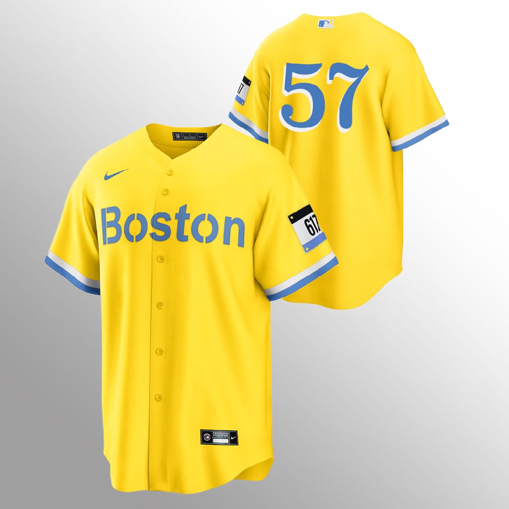 Boston Red Sox #57 Eduardo Rodriguez Men's Nike 2021 City Connect Gold Fans Version MLB Jersey - No Name Boston Red Sox #57 Eduardo Rodriguez Men's Nike 2021 City Connect Gold Fans Version MLB Jersey - No Name