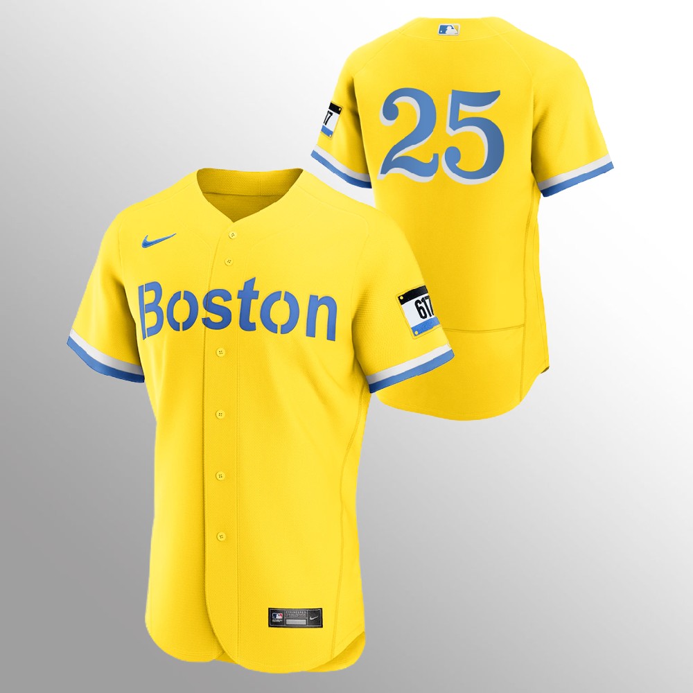 Boston Red Sox #25 Kevin Plawecki Men's Nike 2021 City Connect Gold Authentic MLB Jersey - No Name Boston Red Sox #25 Kevin Plawecki Men's Nike 2021 City Connect Gold Authentic MLB Jersey - No Name