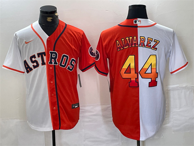 Men's Houston Astros #44 Yordan Alvarez White Orange Split With Patch Cool Base Stitched Baseball Jersey Men's Houston Astros #44 Yordan Alvarez White Orange Split With Patch Cool Base Stitched Baseball Jersey