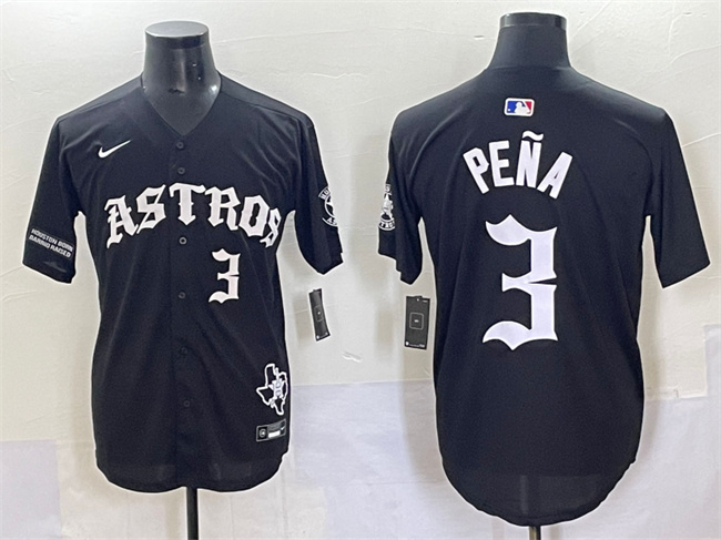 Men's Houston Astros #3 Jeremy Pe?a Black Gothic 'Houston Born Barrio Raised' Limited Stitched Baseball Jersey