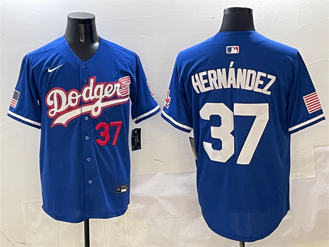 Men's Los Angeles Dodgers #37 Teoscar Hernández Royal With American Flag Patch Limited Stitched Baseball Jersey Men's Los Angeles Dodgers #37 Teoscar Hernández Royal With American Flag Patch Limited Stitched Baseball Jersey