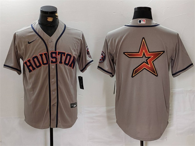 Men's Houston Astros Gray Team Big Logo With Patch Cool Base Stitched Baseball Jersey 5 Men's Houston Astros Gray Team Big Logo With Patch Cool Base Stitched Baseball Jersey 5