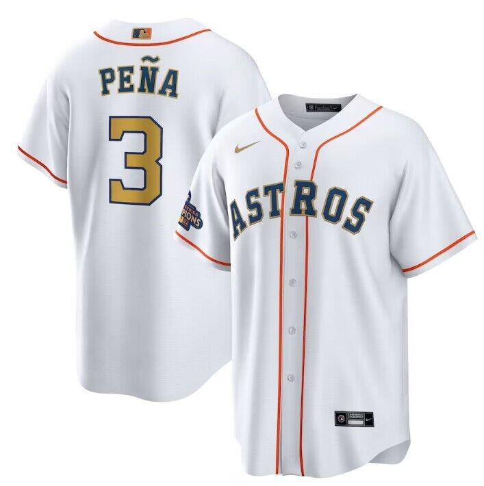 Men's Houston Astros #3 Jeremy Pe?a White 2023 Gold Collection With World Serise Champions Patch Cool Base Stitched Baseball Jersey Men's Houston Astros #3 Jeremy Pe?a White 2023 Gold Collection With World Serise Champions Patch Cool Base Stitched Baseball Jersey