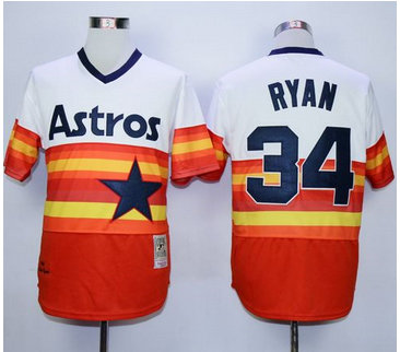 Mitchell and Ness Houston Astros #34 Nolan Ryan White Orange Stitched Throwback MLB Jersey