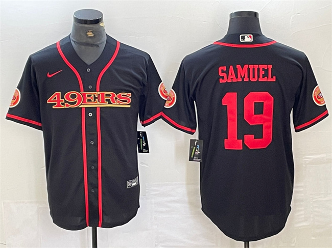 Men's San Francisco 49ers #19 Deebo Samuel Black With Patch Cool Base Stitched Baseball Jersey Men's San Francisco 49ers #19 Deebo Samuel Black With Patch Cool Base Stitched Baseball Jersey
