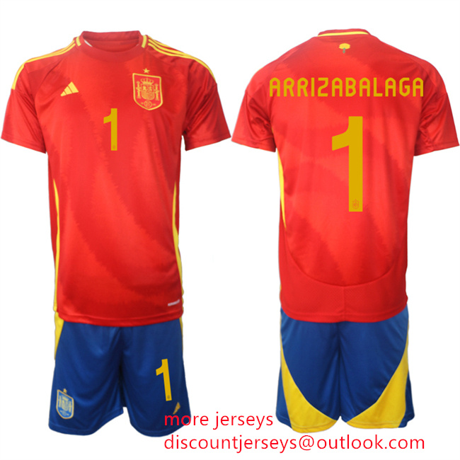 Men's Spain Team #1 Kepa Arrizabalaga 2024-25 Red Home Soccer Jersey Suit