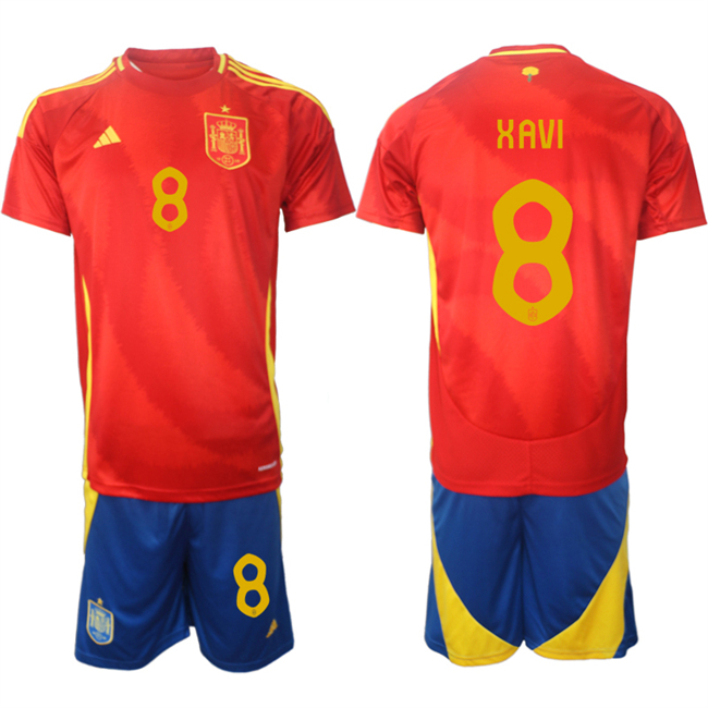 Men's Spain Team #8 Xavi 2024-25 Red Home Soccer Jersey Suit