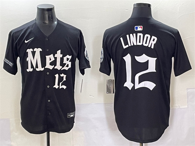 Men's New York Mets #12 Francisco Lindor Black 'Gotham Gothic Edition' Vapor Premier Limited Stitched Baseball Jersey Men's New York Mets #12 Francisco Lindor Black 'Gotham Gothic Edition' Vapor Premier Limited Stitched Baseball Jersey