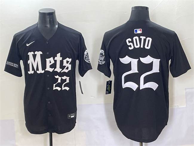 Men's New York Mets #22 Juan Soto Black 'Gotham Gothic Edition' Vapor Premier Limited Stitched Baseball Jersey Men's New York Mets #22 Juan Soto Black 'Gotham Gothic Edition' Vapor Premier Limited Stitched Baseball Jersey