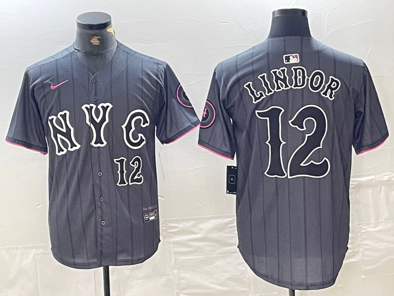 Men's New York Mets #12 Francisco Lindor Graphite 2024 City Connect Limited Stitched Baseball Jersey 2 Men's New York Mets #12 Francisco Lindor Graphite 2024 City Connect Limited Stitched Baseball Jersey 2
