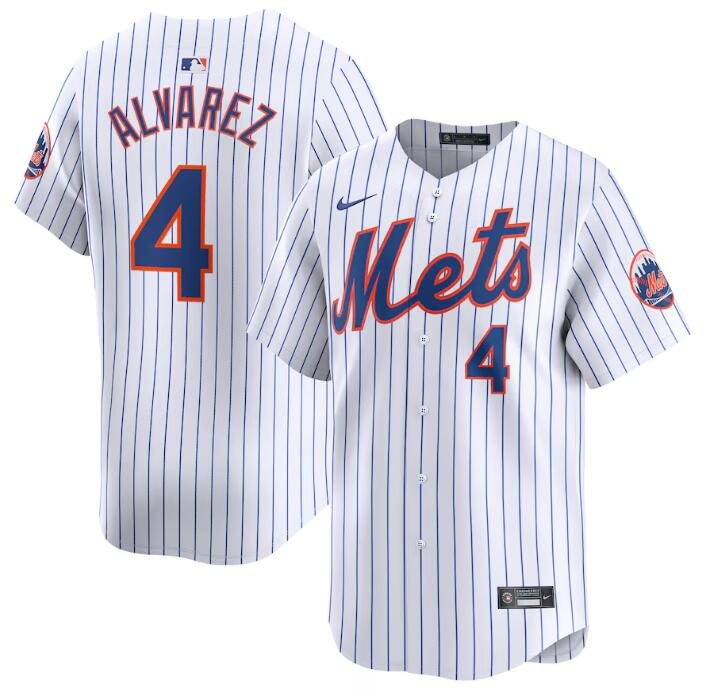 Men's New York Mets #4 Francisco Alvarez White Home Limited Stitched Baseball Jersey Men's New York Mets #4 Francisco Alvarez White Home Limited Stitched Baseball Jersey