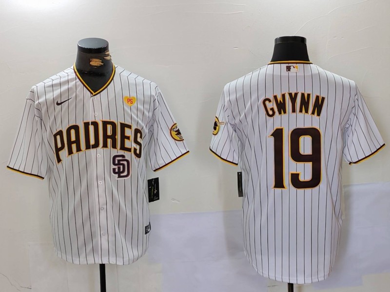 Men's San Diego Padres #19 19 Tony Gwynn White With PS Patch Cool Base Stitched Baseball Jersey 2 Men's San Diego Padres #19 19 Tony Gwynn White With PS Patch Cool Base Stitched Baseball Jersey 2