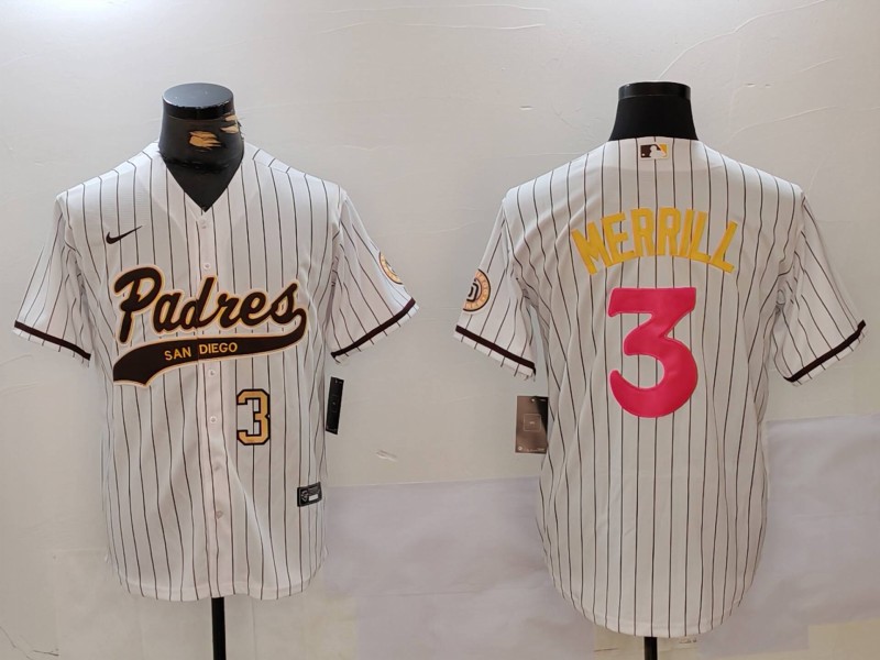 Men's San Diego Padres #3 Jackson Merrill white Cool Base Stitched Baseball Jersey 002 Men's San Diego Padres #3 Jackson Merrill white Cool Base Stitched Baseball Jersey 002