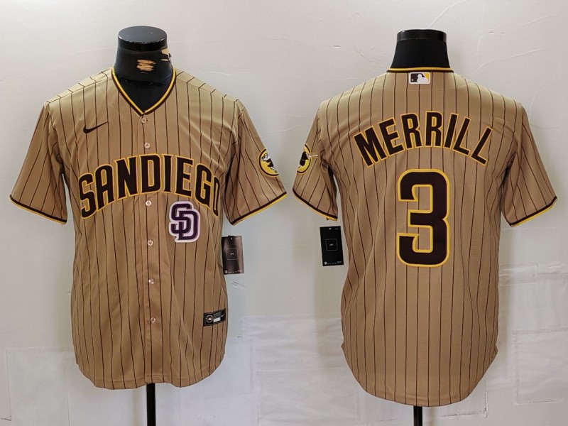 Men's San Diego Padres #3 Jackson Merrill Tan Cool Base Stitched Baseball Jersey 1 Men's San Diego Padres #3 Jackson Merrill Tan Cool Base Stitched Baseball Jersey 1