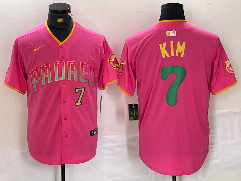 Men's San Diego Padres ##7 Ha-Seong Kim Pink Cool Base Stitched Baseball Jersey 2 Men's San Diego Padres ##7 Ha-Seong Kim Pink Cool Base Stitched Baseball Jersey 2