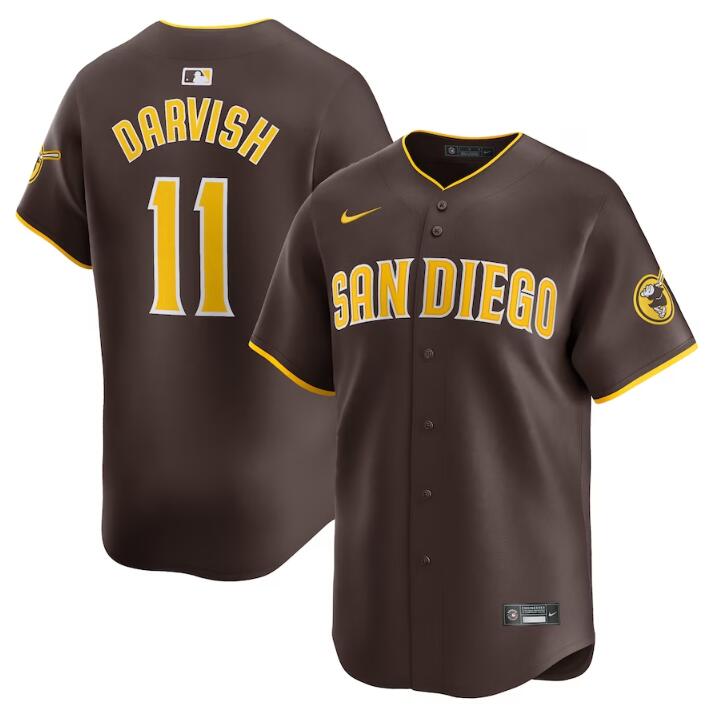 Men's San Diego Padres #11 Yu Darvish Brown 2024 Away Limited Stitched Baseball Jersey Men's San Diego Padres #11 Yu Darvish Brown 2024 Away Limited Stitched Baseball Jersey