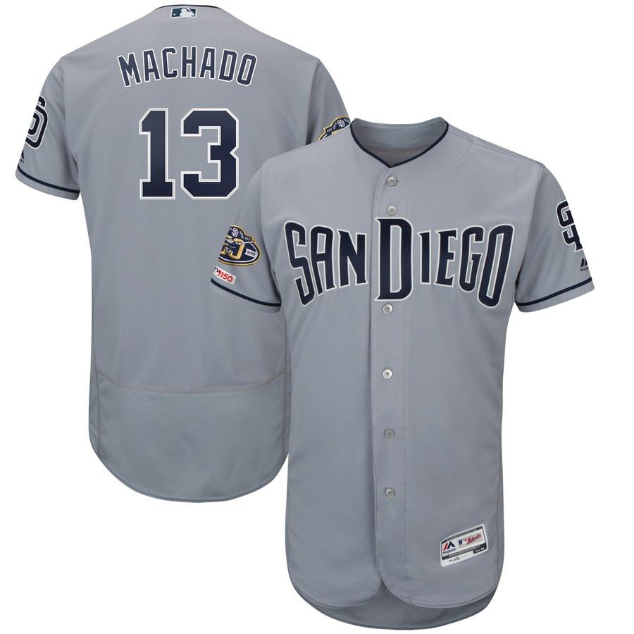 Padres 13 Manny Machado Gray 50th Anniversary And 150th Patch FlexBase Jersey