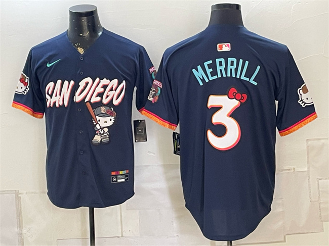 Men's San Diego Padres X Hello Kitty #3 Jackson Merrill Obsidian 2026 City Connect Stadium Stitched Baseball Jersey