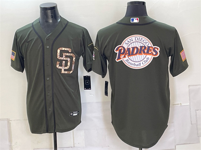 Men's San Diego Padres Team Big Logo Olive Camo Cool Base Stitched Baseball Jersey 001