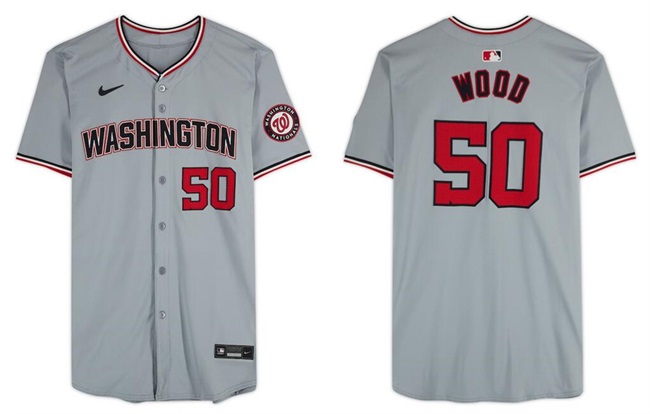 Men's Washington Nationals #50 James Wood Gray Limited Stitched Baseball Jersey Men's Washington Nationals #50 James Wood Gray Limited Stitched Baseball Jersey