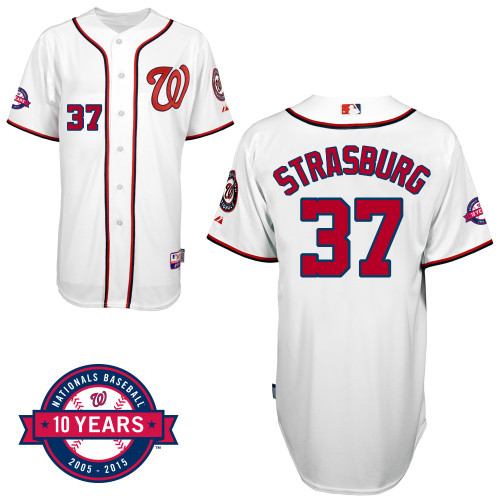 Washington Nationals#37 Strasburg Authentic Personalized Home White Jersey 10th Anniversary Patch