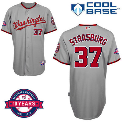 Washington Nationals #37 Strasburg Authentic Personalized Road Gray Jersey 10th Anniversary Patch