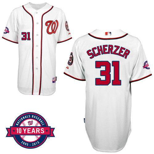Washington Nationals#31 Scherzer Authentic Personalized Home White Jersey 10th Anniversary Patch