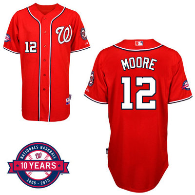 Washington Nationals#12 Moore Authentic Personalized Alternate red Jersey 10th Anniversary Patch