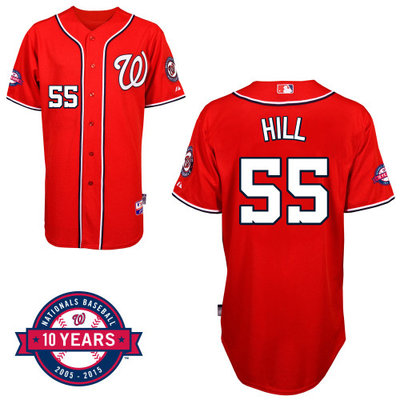 Washington Nationals#55 Hill Authentic Personalized Alternate red Jersey 10th Anniversary Patch