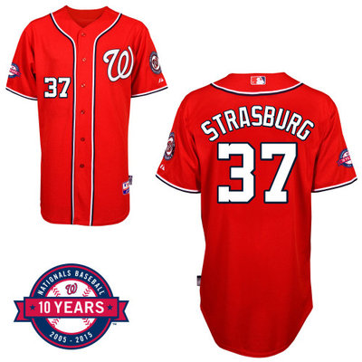 Washington Nationals#37 Strasburg Authentic Personalized Alternate red Jersey 10th Anniversary Patch