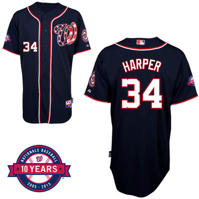 Washington Nationals#34 Harper Authentic Personalized Alternate Blue Jersey 10th Anniversary Patch