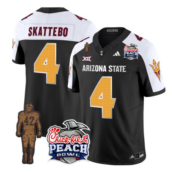 Men's Arizona State Sun Devils #4 Cam Skattebo 2024 F.U.S.E. Black White Pat Tillman & Peach Bowl Patch Vapor Limited Stitched Jersey