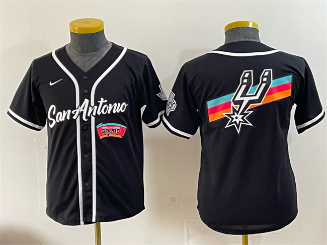Youth San Antonio Spurs Team Big Logo Black Stitched Baseball Jersey