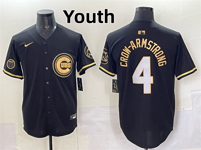 Youth Chicago Cubs #4 Pete Crow-Armstrong Black Gold 'Ryne Sandberg Tribute' Vapor Limited V2 Stitched Baseball Jersey