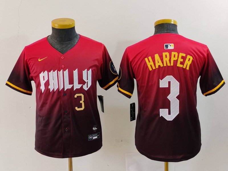 Youth Philadelphia Phillies #3 Bryce Harper Red 2024 City Connect Limited Stitched Baseball Jersey 7 Youth Philadelphia Phillies #3 Bryce Harper Red 2024 City Connect Limited Stitched Baseball Jersey 7