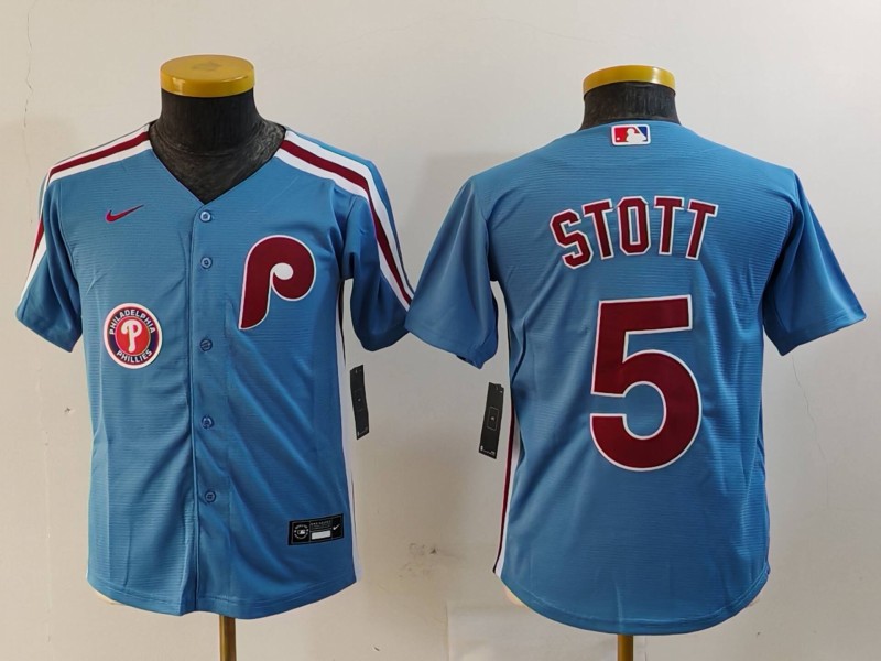Youth Philadelphia Phillies #5 Bryson Stott Blue Cool Base Stitched Baseball Jersey 2 Youth Philadelphia Phillies #5 Bryson Stott Blue Cool Base Stitched Baseball Jersey 2