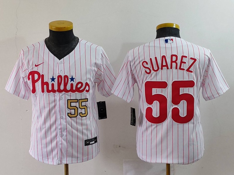 Youth Philadelphia Phillies #55 Ranger Suárez White Cool Base Stitched Baseball Jersey 2