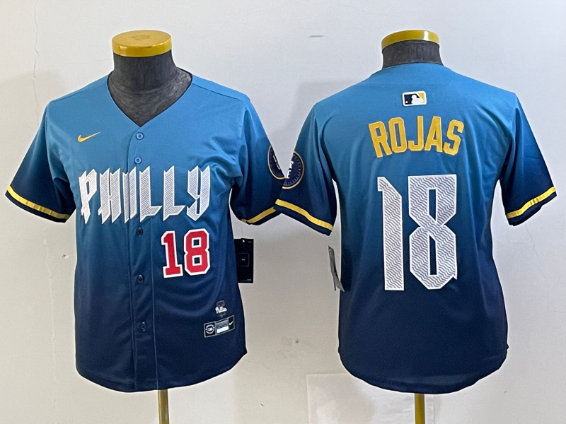 Youth Philadelphia Phillies #18 Johan Rojas Blue 2024 City Connect Limited Stitched jerseys 2