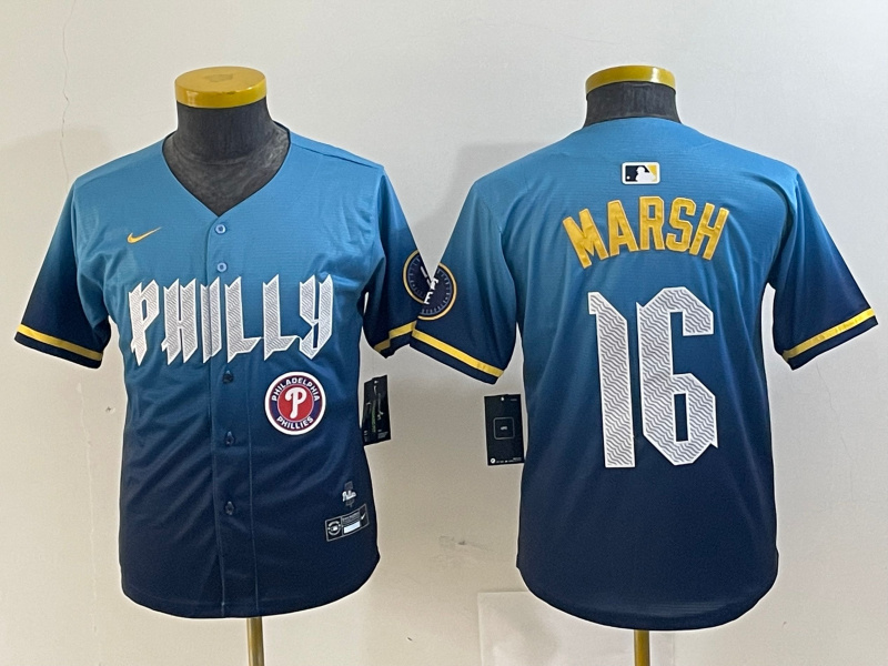 Youth Philadelphia Phillies #16 Brandon Marsh Blue 2024 City Connect Limited Stitched Jersey 1 Youth Philadelphia Phillies #16 Brandon Marsh Blue 2024 City Connect Limited Stitched Jersey 1
