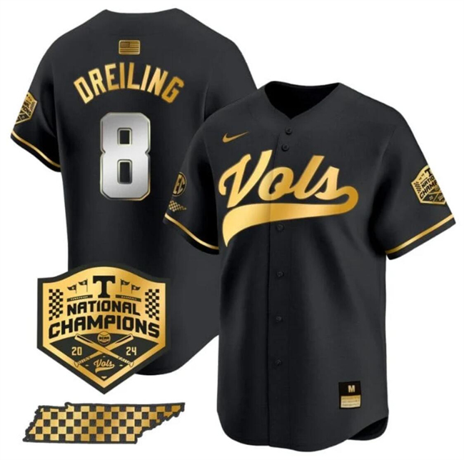 Men's Tennessee Volunteers #8 Dylan Dreiling Black Gold 2024 Champions Vapor Limited Stitched Jersey Men's Tennessee Volunteers #8 Dylan Dreiling Black Gold 2024 Champions Vapor Limited Stitched Jersey