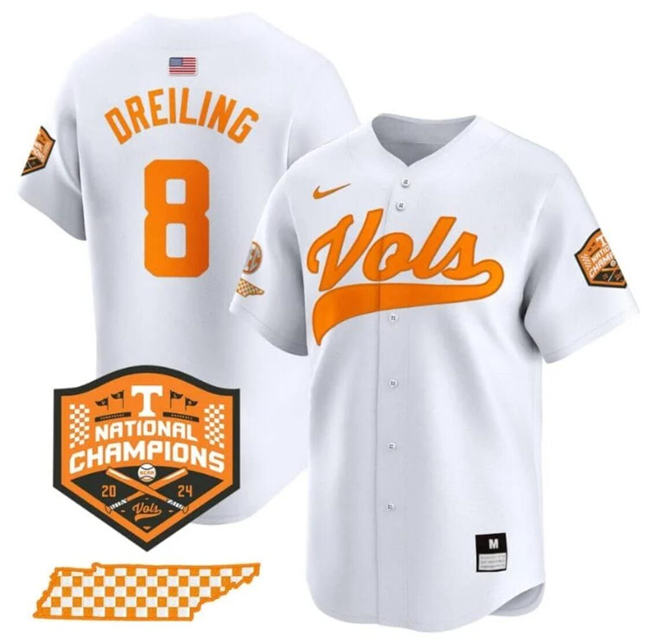 Men's Tennessee Volunteers #8 Dylan Dreiling White 2024 Champions Vapor Limited Stitched Jersey Men's Tennessee Volunteers #8 Dylan Dreiling White 2024 Champions Vapor Limited Stitched Jersey
