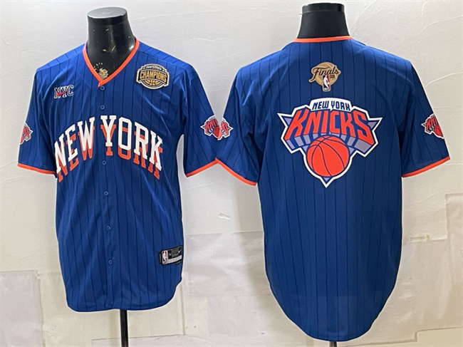 Men's New York Knicks Team Big Logo Royal 2026 Finals & Eastern Conference Champions Patch Stitched Baseball Jersey