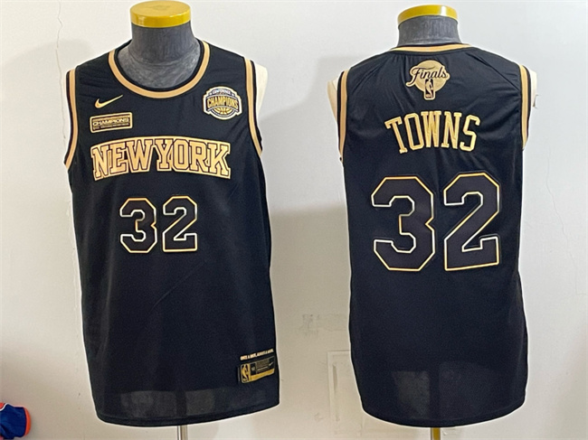 Men's New Yok Knicks #32 Karl-Anthony Towns Black Gold 2026 Finals & Eastern Conference Champions Patch Stitched Jerseys