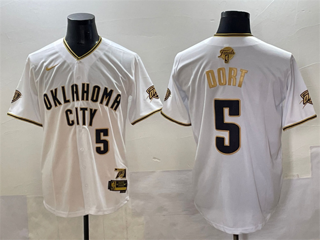 Men's Oklahoma City Thunder #5 Luguentz Dort White Gold 2025 Finals Vapor Stitched Baseball Jersey