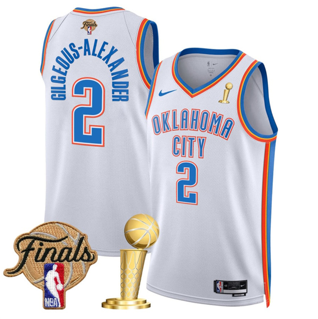 Men's Oklahoma City Thunder #2 Shai Gilgeous-Alexander White 2025 Finals Patch And Finals Champions Patch Association Edition Stitched Basketball Jersey